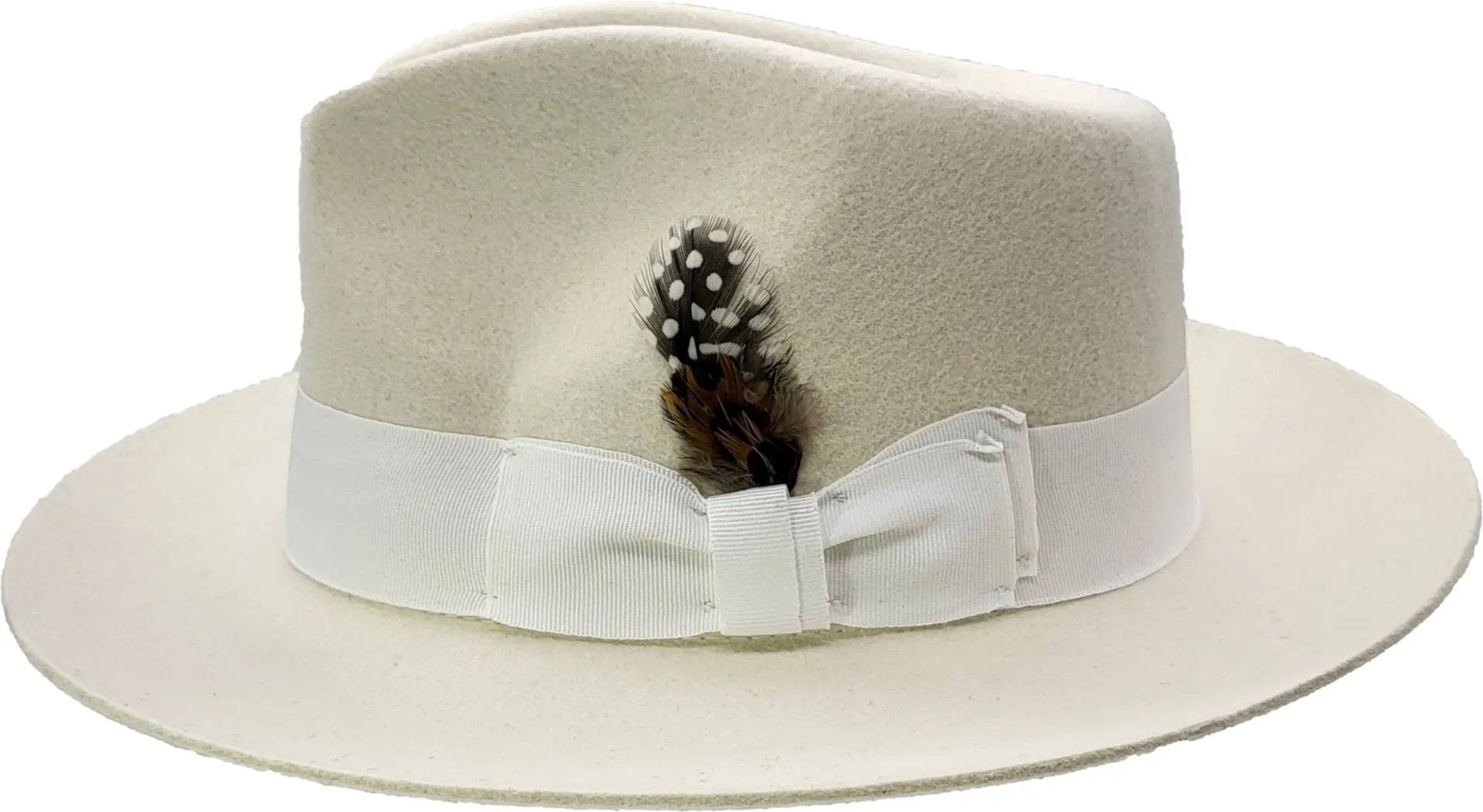 Handcrafted stiff brim fedora in 100% premium wool felt. Features elegant grosgrain ribbon band, satin lining, and signature feather detail. Available in Classic White or Black, sizes 55-60cm. Each hat combines traditional fedora styling with superior construction for timeless sophistication.