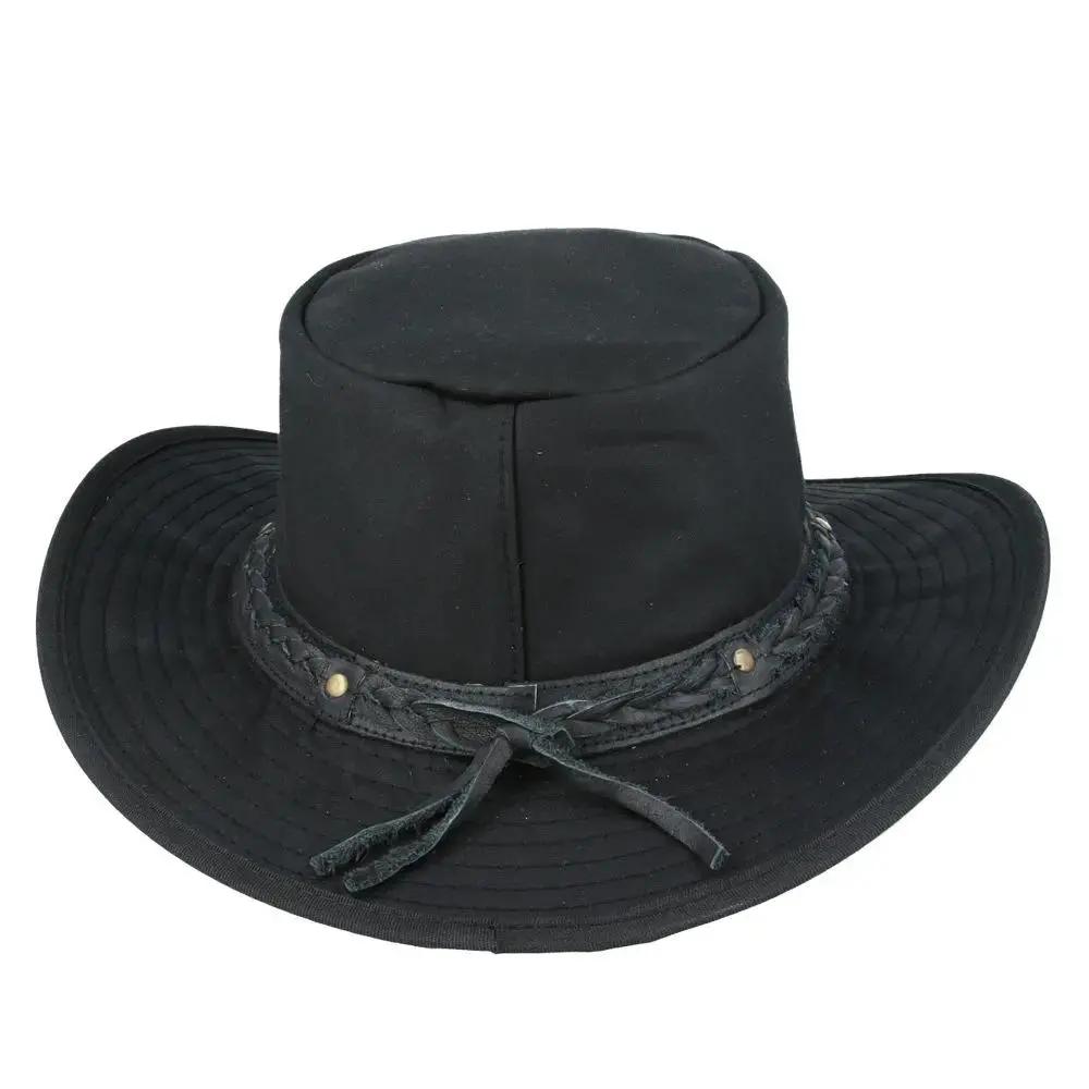 Waxed Cotton Cowboy Waterproof Hat Aussie Style - Black Novellahats