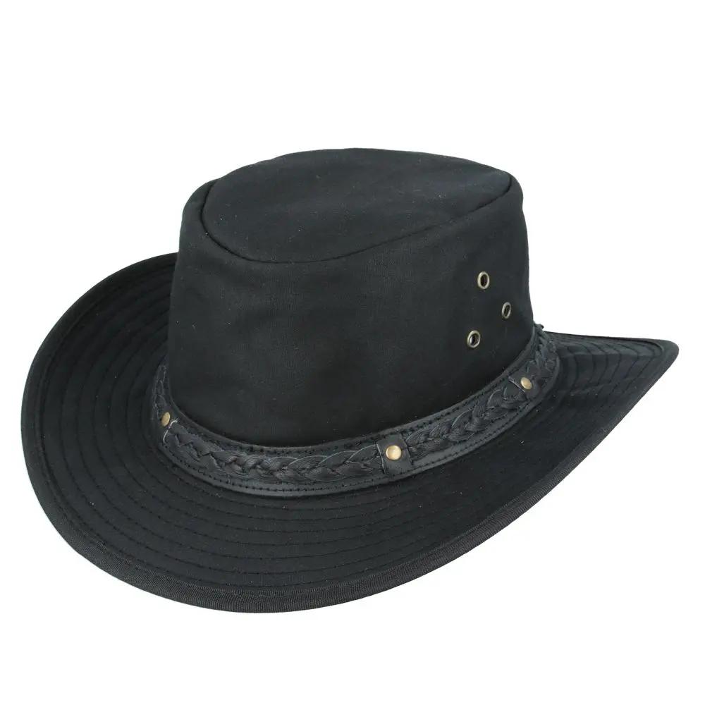 Waxed Cotton Cowboy Waterproof Hat Aussie Style - Black Novellahats