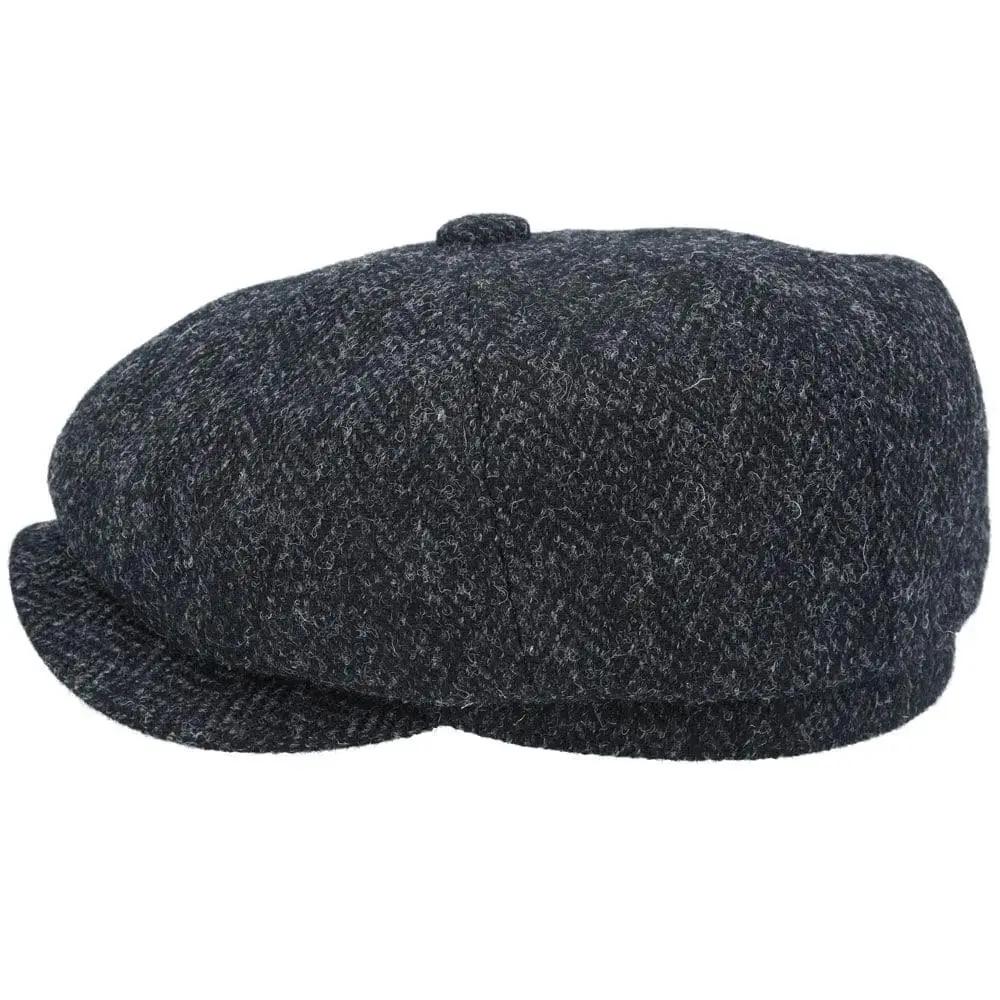 Herringbone Harris Tweed Wool Newsboy Cap - Black Novellahats