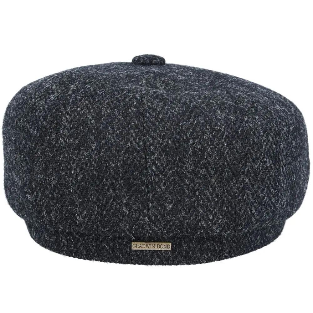 Herringbone Harris Tweed Wool Newsboy Cap - Black Novellahats