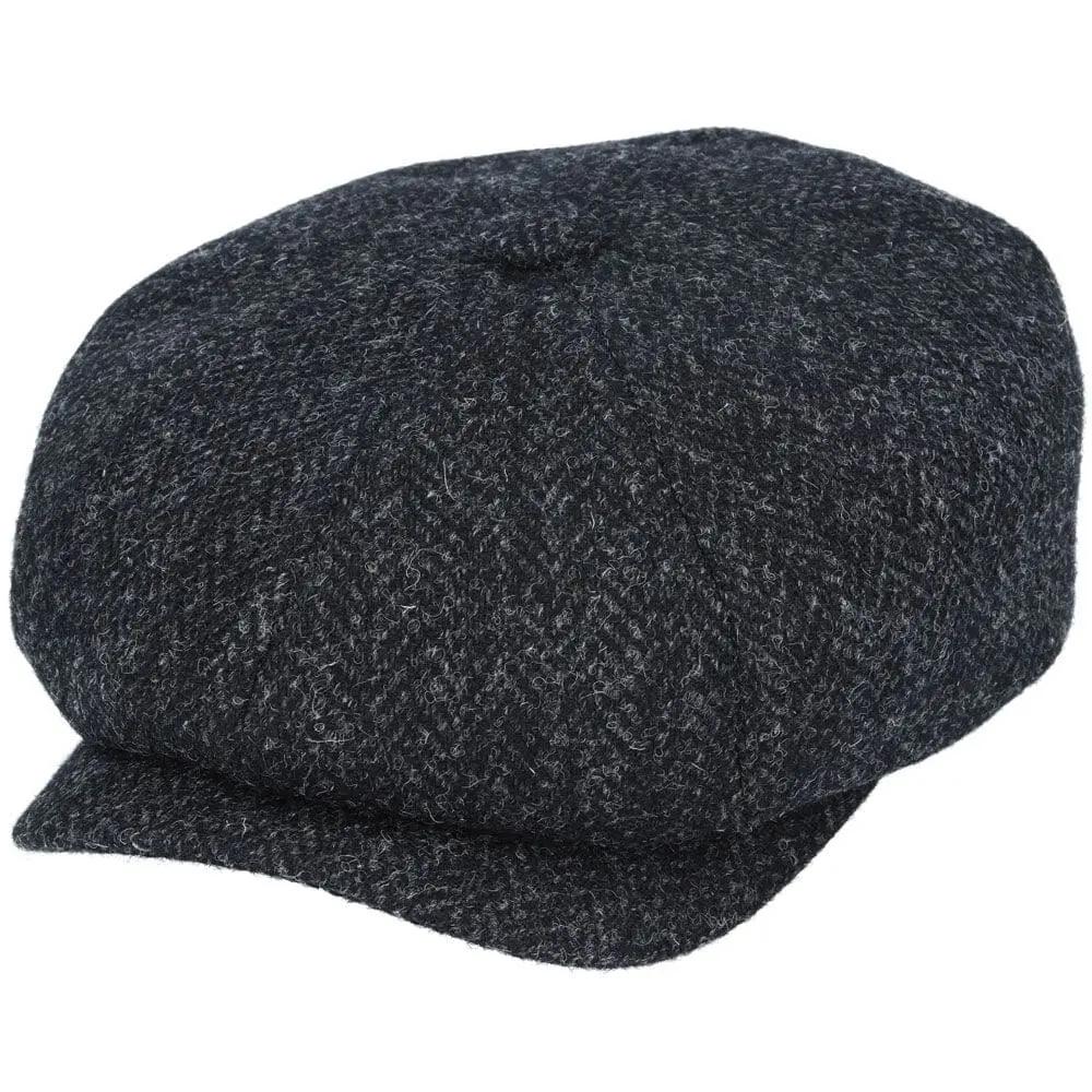 Herringbone Harris Tweed Wool Newsboy Cap - Black Novellahats