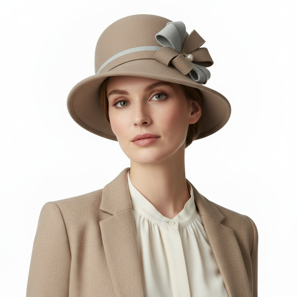 Styled Look – Model Wearing Chic Tan Vintage Cloche Hat by Novella