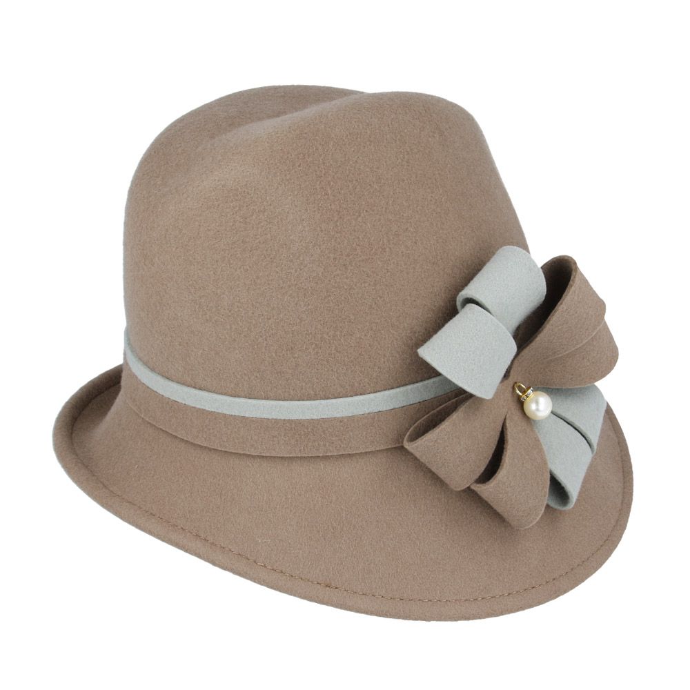 Front View of Novella Ladies Vintage Wool Cloche Hat with Flower Trim