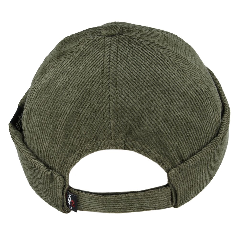 rear view of olive green corduroy cotton docker hats by novella hats