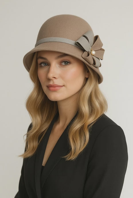 Model Showing Novella Hats Ladies Vintage Wool Cloche Hat with Flower Trim