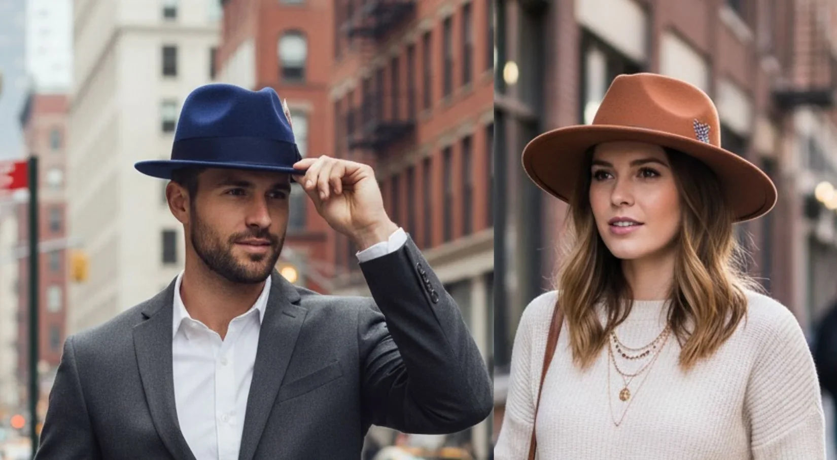 two models male and female wearing fadora and tribbly hat on the streets
