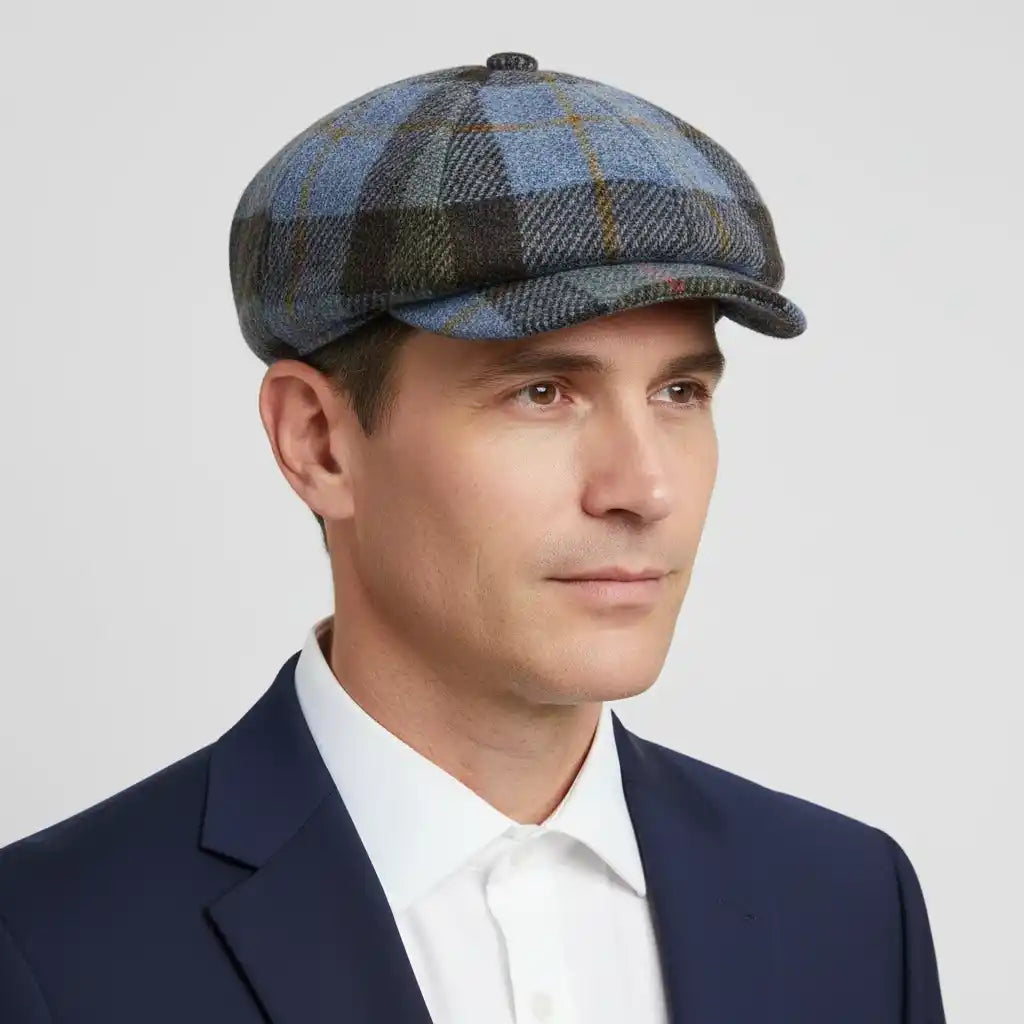 Model wearing Novella Hats wool tartan checked flat cap
