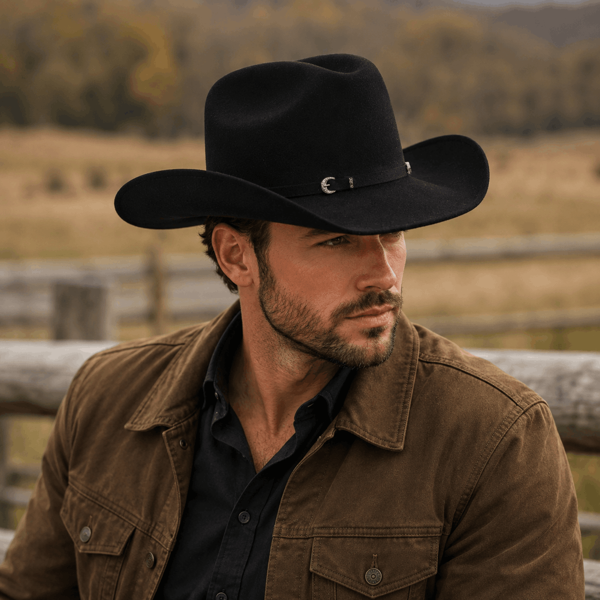 Wool Cattleman Cowboy Hat with Silver-Tone Western Buckle Hatband