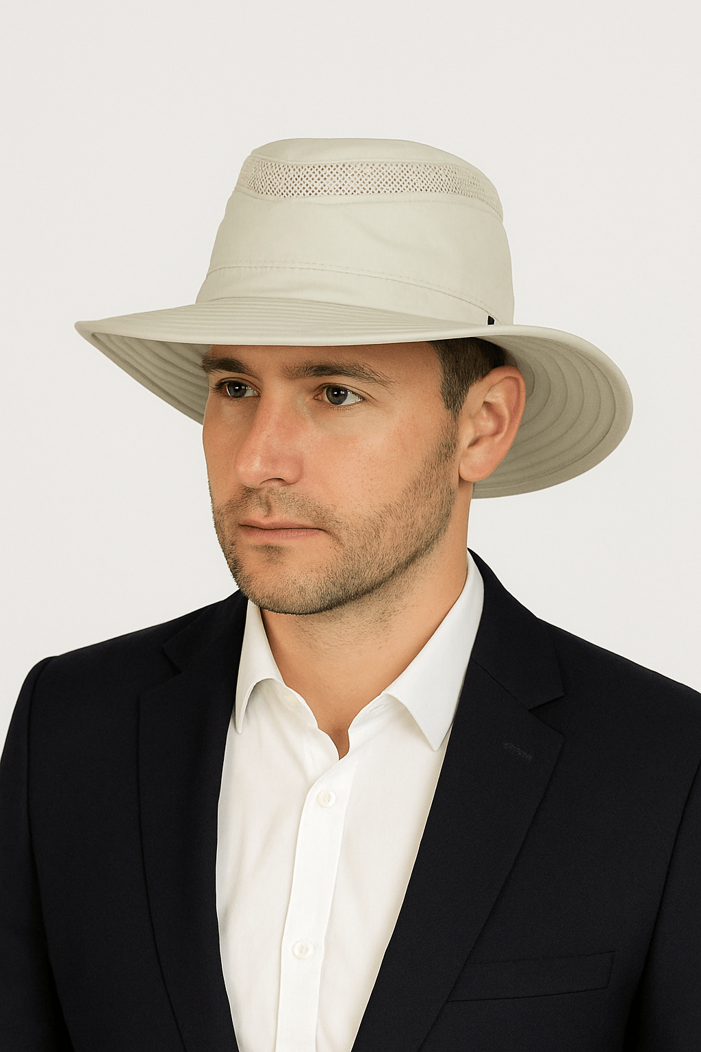 7.	Model wearing Airflo packable sun hat outdoors in natural colour