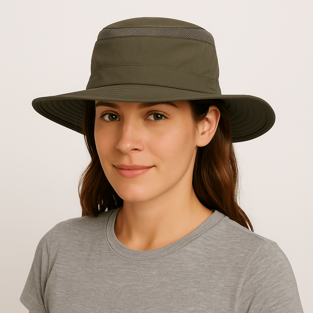1.	Front view of Airflo packable polyester sun hat in natural colour by Novella Hats