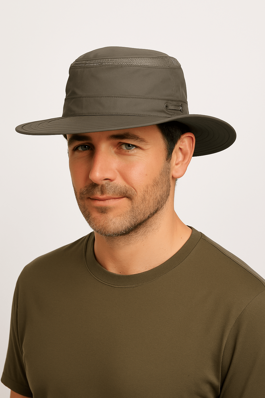 1.	Front view of Airflo packable polyester sun hat in natural colour by Novella Hats