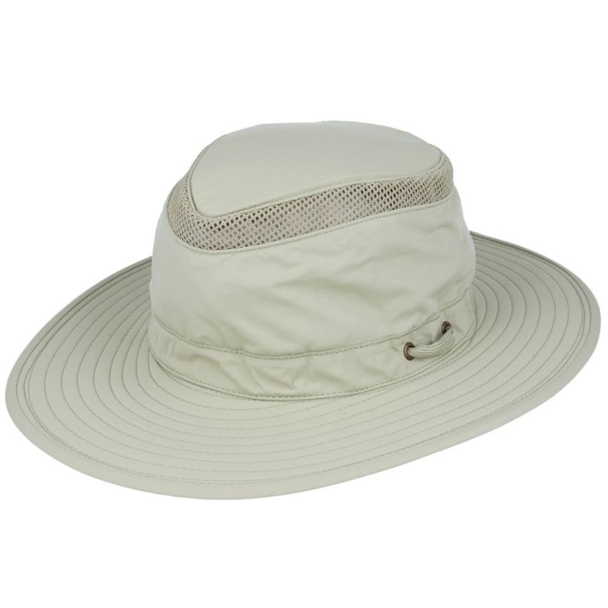 1.	Front view of Airflo packable polyester sun hat in natural colour by Novella Hats