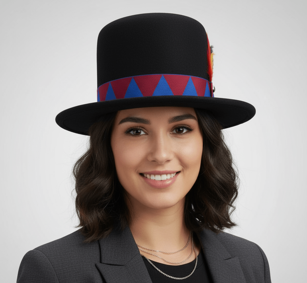 An oversized tall bowler hat with extra-high crown, crafted from 100% wool with satin lining. Features an adjustable Velcro strap for the perfect fit. This statement-making XXL bowler stands out with its extended height. Perfect for theatre, stage, or making a bold fashion statement.