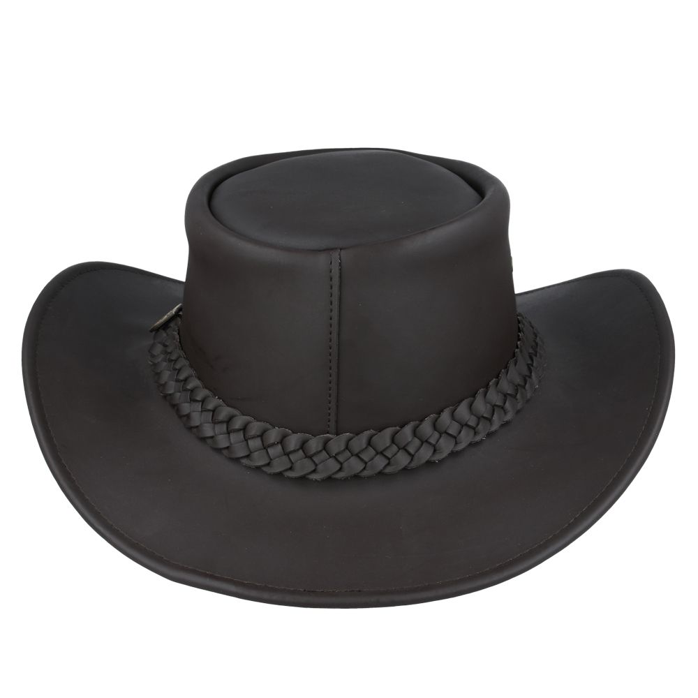 The Australian Style Buffalo Leather Cowboy Hat from Novella Hats collection is crafted from thick, durable leather, showcasing premium quality. Featuring a shapeable 7.5cm curved brim and a 10cm high crown, this Western hat includes a functional chin strap, side eyelets for aeration, and a Gladwin Bond side pin. It also provides UPF 40+ protection, making it perfect for sunny adventures.