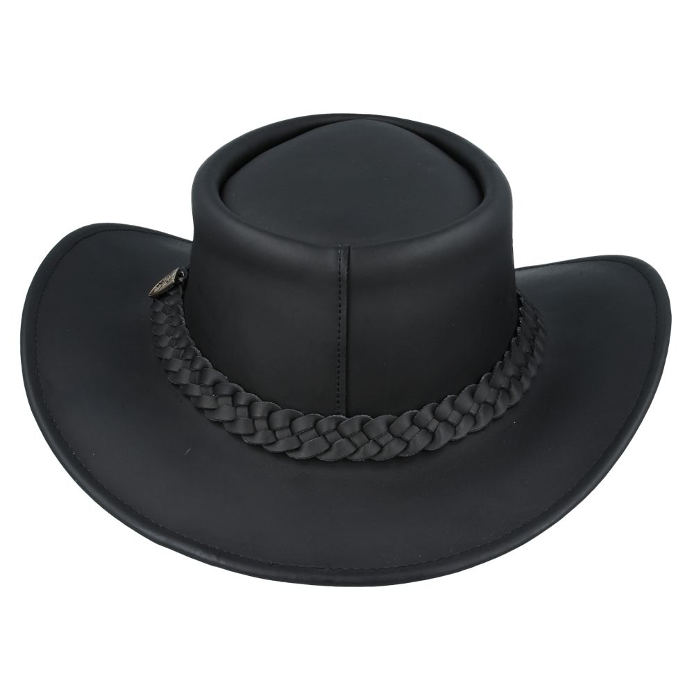 The Australian Style Buffalo Leather Cowboy Hat from Novella Hats collection is crafted from thick, durable leather, showcasing premium quality. Featuring a shapeable 7.5cm curved brim and a 10cm high crown, this Western hat includes a functional chin strap, side eyelets for aeration, and a Gladwin Bond side pin. It also provides UPF 40+ protection, making it perfect for sunny adventures.