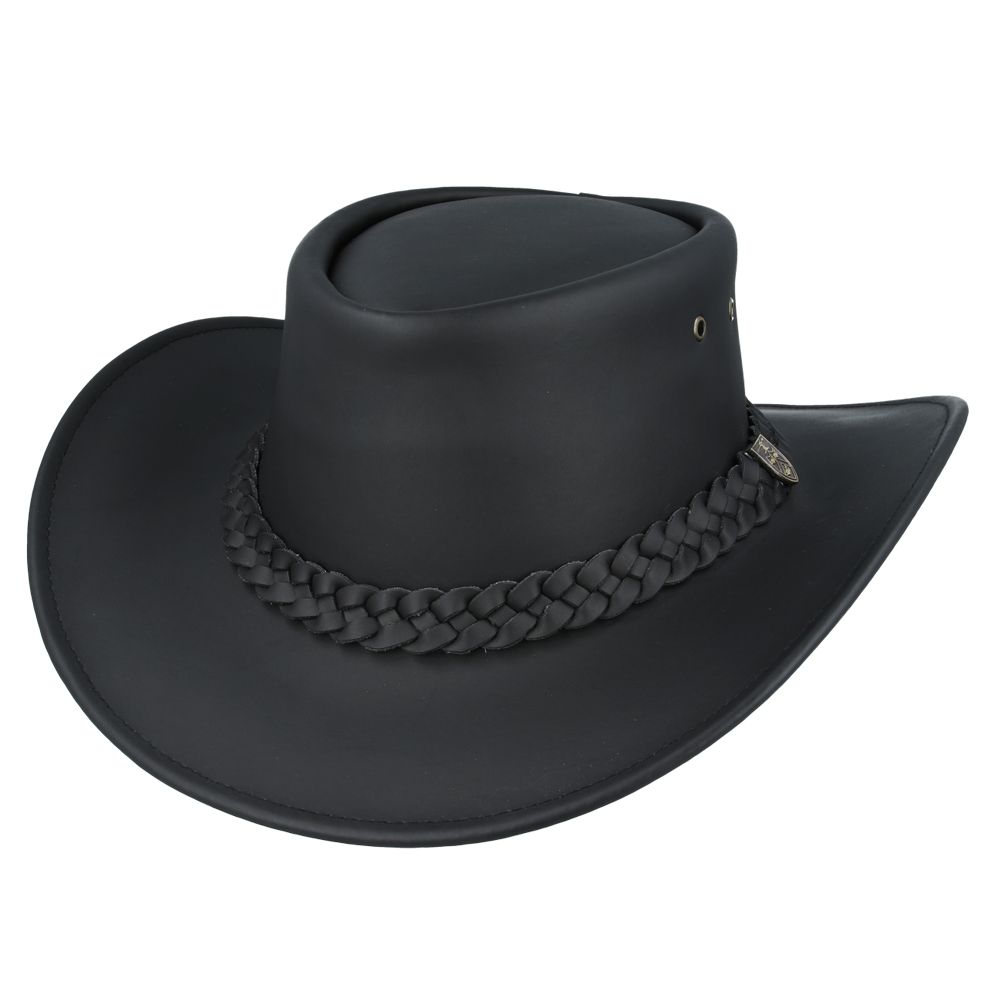 The Australian Style Buffalo Leather Cowboy Hat from Novella Hats collection is crafted from thick, durable leather, showcasing premium quality. Featuring a shapeable 7.5cm curved brim and a 10cm high crown, this Western hat includes a functional chin strap, side eyelets for aeration, and a Gladwin Bond side pin. It also provides UPF 40+ protection, making it perfect for sunny adventures.