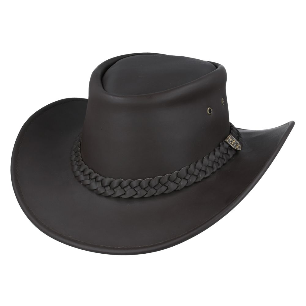 The Australian Style Buffalo Leather Cowboy Hat from Novella Hats collection is crafted from thick, durable leather, showcasing premium quality. Featuring a shapeable 7.5cm curved brim and a 10cm high crown, this Western hat includes a functional chin strap, side eyelets for aeration, and a Gladwin Bond side pin. It also provides UPF 40+ protection, making it perfect for sunny adventures.