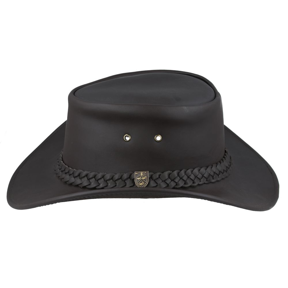 The Australian Style Buffalo Leather Cowboy Hat from Novella Hats collection is crafted from thick, durable leather, showcasing premium quality. Featuring a shapeable 7.5cm curved brim and a 10cm high crown, this Western hat includes a functional chin strap, side eyelets for aeration, and a Gladwin Bond side pin. It also provides UPF 40+ protection, making it perfect for sunny adventures.