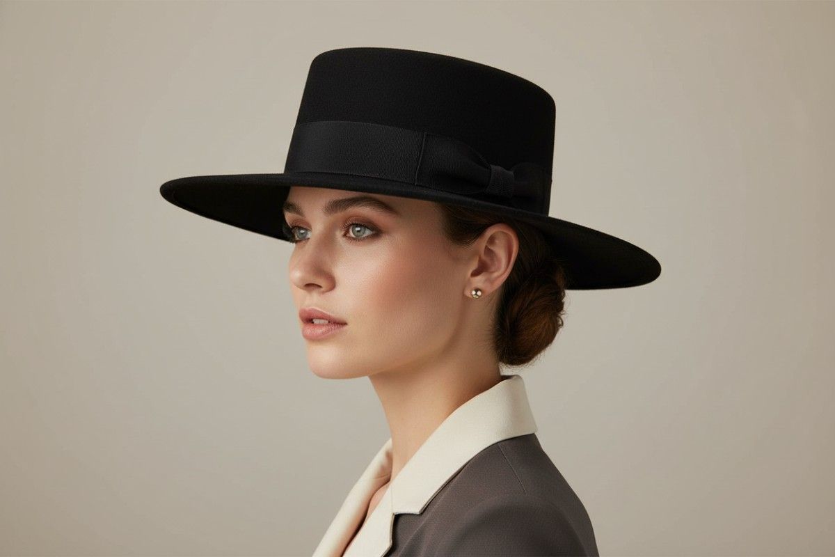 Classic Boater Hat: Black, water-resistant 100% wool felt. Handcrafted elegance, S-XL (55-60cm). Satin-lined, ribbon-banded. Perfect for all occasions. Easy-care luxury.