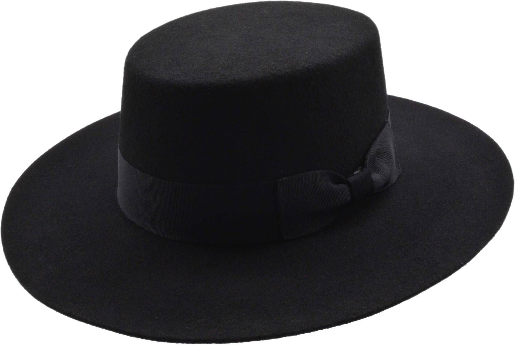 Classic Boater Hat: Black, water-resistant 100% wool felt. Handcrafted elegance, S-XL (55-60cm). Satin-lined, ribbon-banded. Perfect for all occasions. Easy-care luxury.