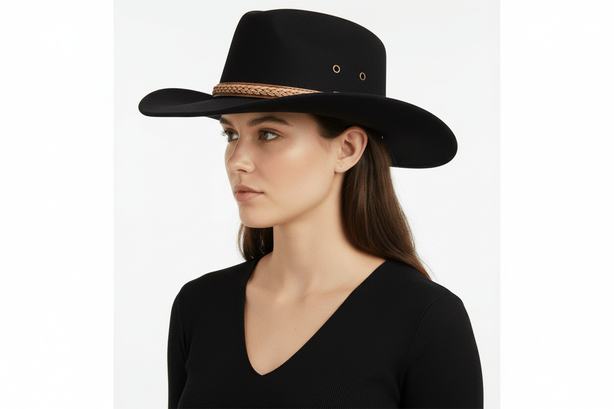 Black Handmade 100% Wool Felt Western Cowboy Hat. Check out our rugged charm of crushable, water-repellent, and supremely comfortable western hats. Features wide brim for sun protection and high crown for ventilation.