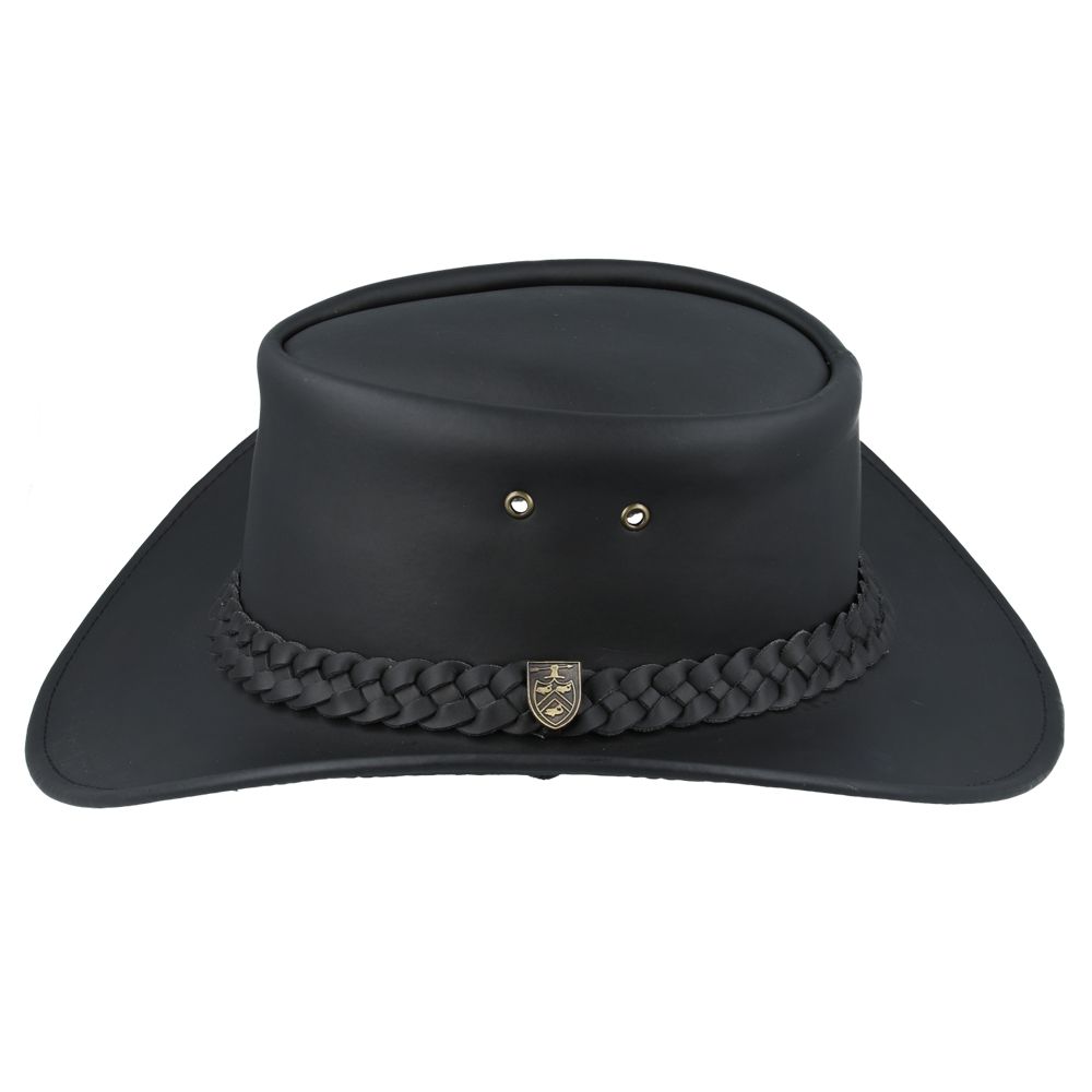 The Australian Style Buffalo Leather Cowboy Hat from Novella Hats collection is crafted from thick, durable leather, showcasing premium quality. Featuring a shapeable 7.5cm curved brim and a 10cm high crown, this Western hat includes a functional chin strap, side eyelets for aeration, and a Gladwin Bond side pin. It also provides UPF 40+ protection, making it perfect for sunny adventures.