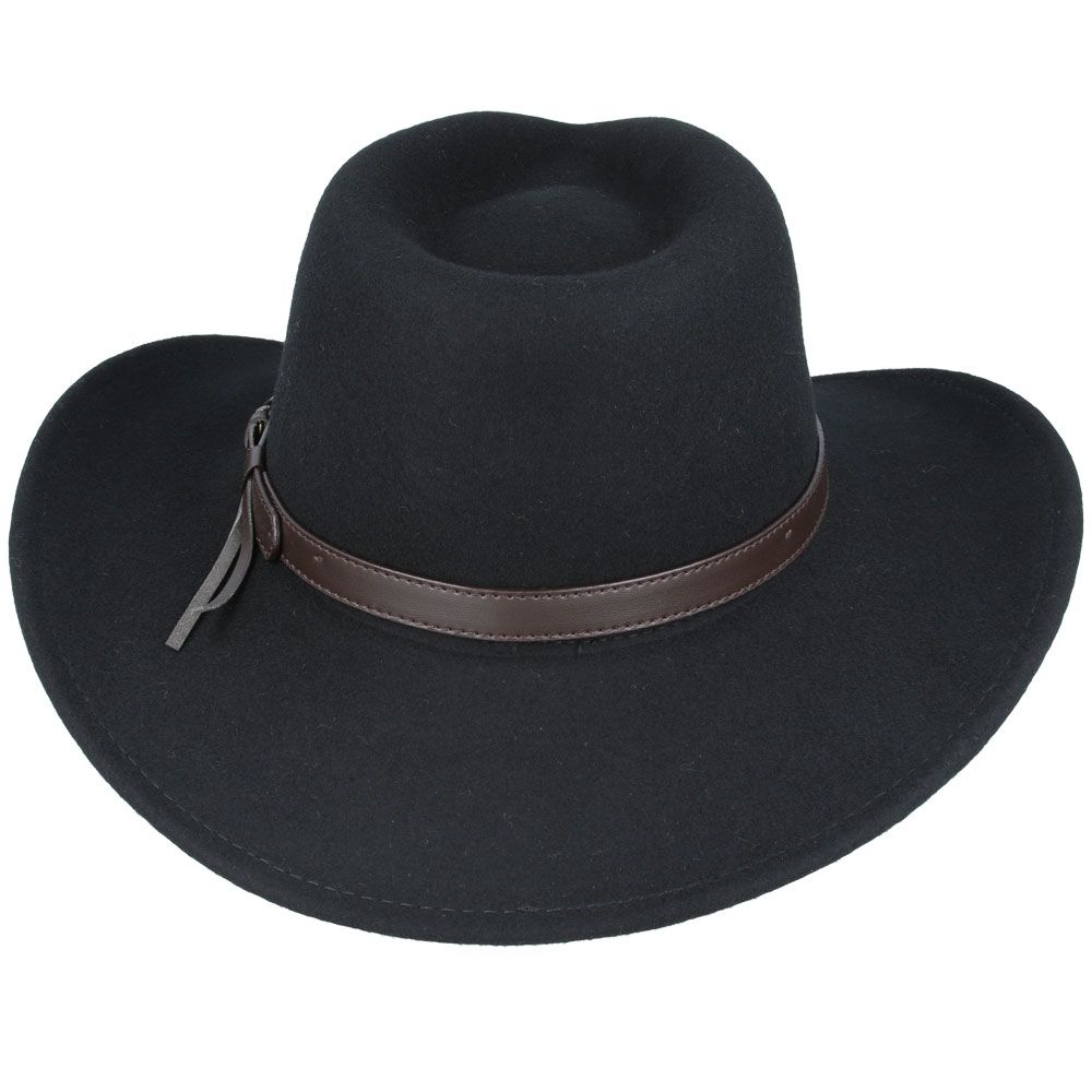 The Crushable Wool Felt Cowboy Hat from the Novella Hats Wool collection combines fashion and function. This handmade hat features a wide brim and high crown, offering both style and practicality. It's packable—just take it out of a suitcase, shake and shape it, and it's ready to wear.