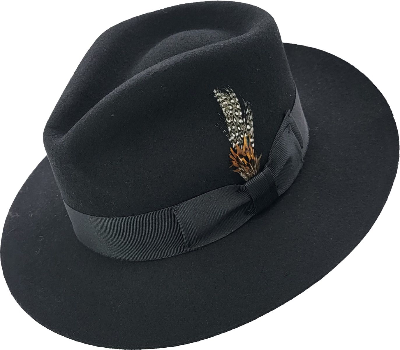 Handcrafted stiff brim fedora in 100% premium wool felt. Features elegant grosgrain ribbon band, satin lining, and signature feather detail. Available in Classic White or Black, sizes 55-60cm. Each hat combines traditional fedora styling with superior construction for timeless sophistication.
