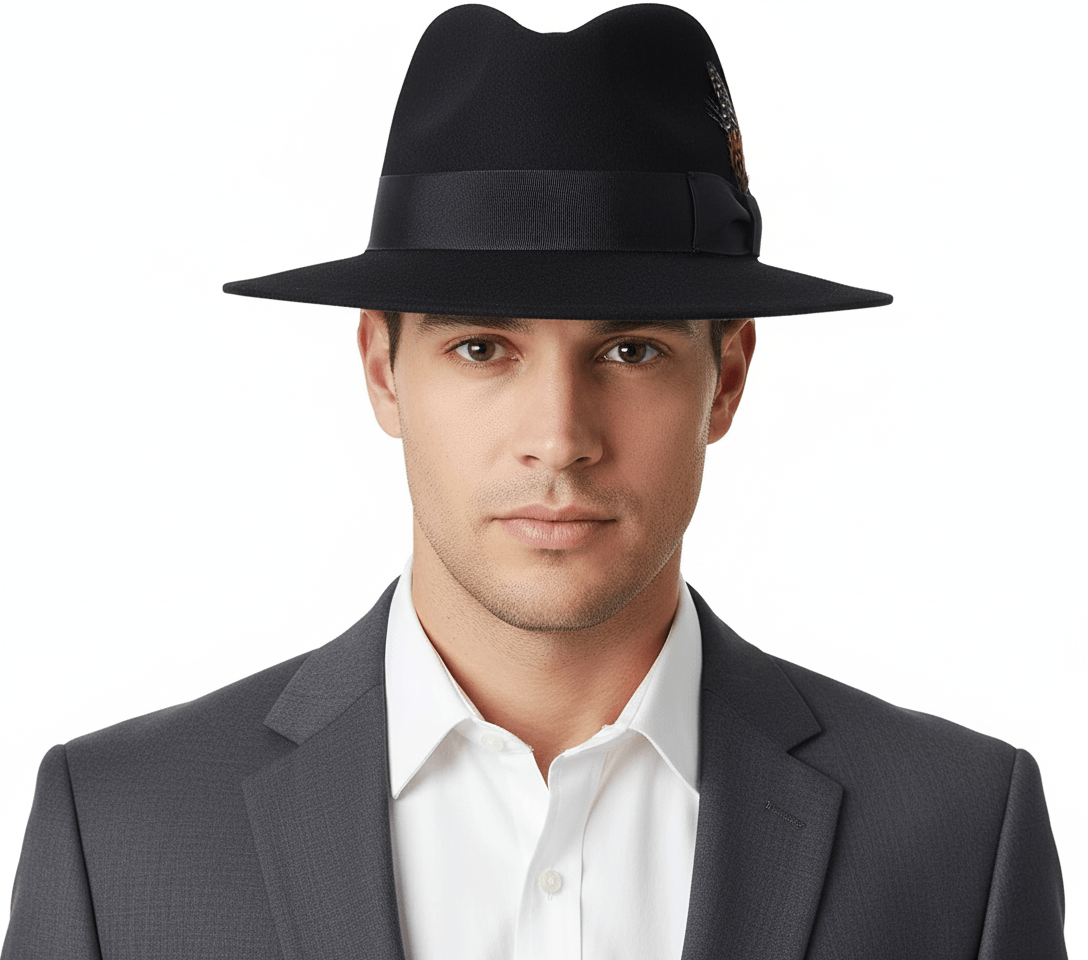 Black Handcrafted stiff brim fedora in 100% premium wool felt. Features elegant grosgrain ribbon band, satin lining, and signature feather detail. Available in Classic White or Black, sizes 55-60cm. Each hat combines traditional fedora styling with superior construction for timeless sophistication.