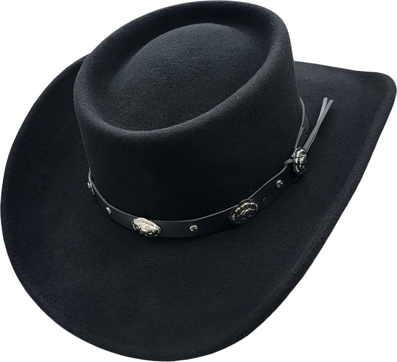 Iconic Tombstone-style black gambler hat crafted from 100% water-repellent wool felt. Features movie-inspired design with stiff construction and internal adjustable strap. Available in S/M (55-57cm) and L/XL (58-60cm). The perfect blend of Western film heritage and practical weather protection.
