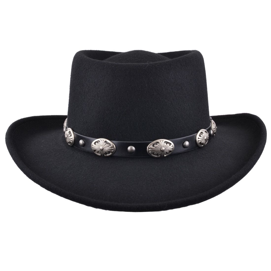 Western Style Gambler Wool Felt Hat in Black is a perfect blend of classic style and modern functionality. 100% wool felt Gambler Cowboy Hat. Crushable, water-repellent, with a wide 7cm brim and a 10cm crown. Adorned with a Tombstone leather band. Sizes from small to extra-large. Hat Details: Material: 100% Wool Felt 