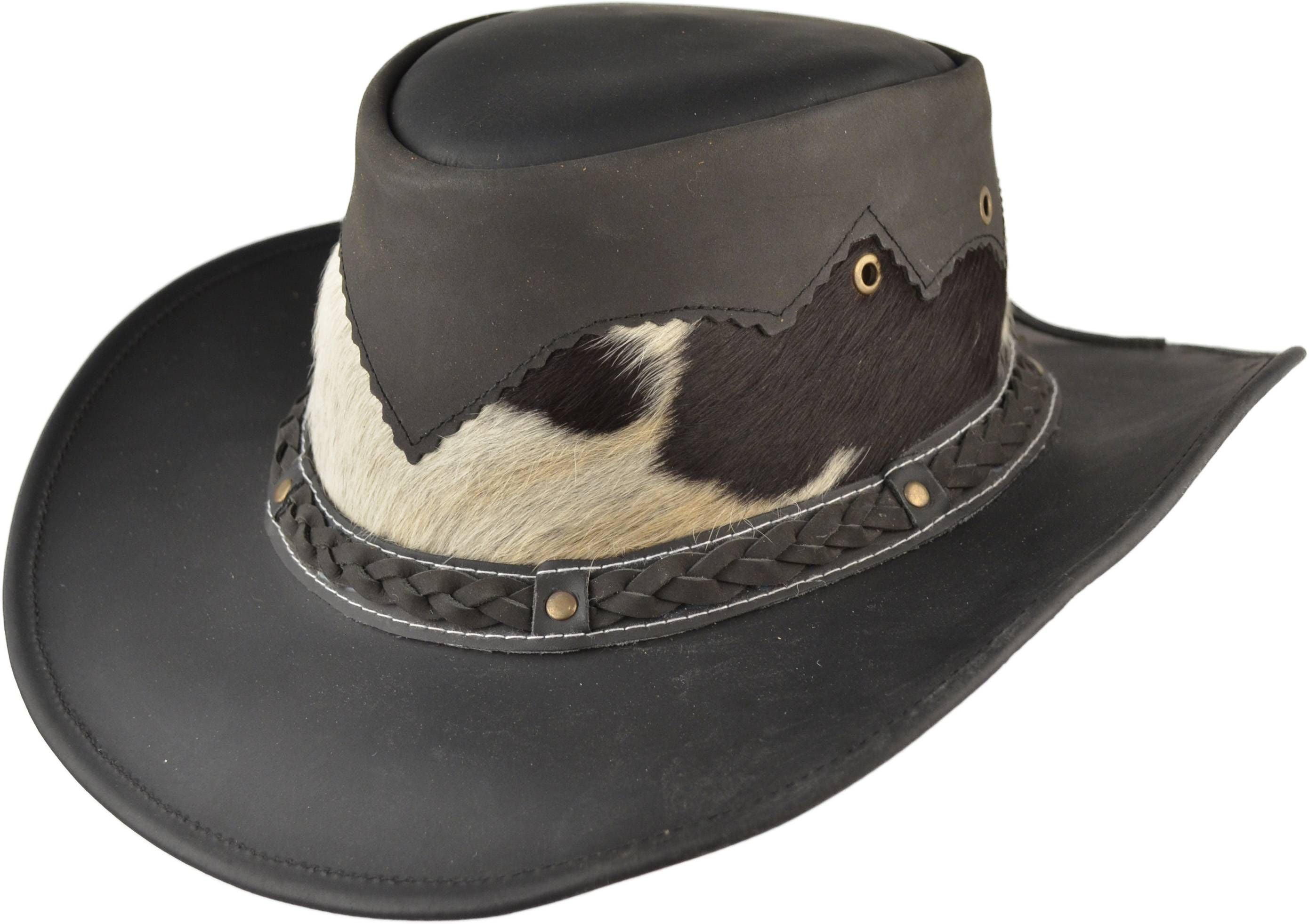 Western style with our handmade 100% genuine leather cowboy hat. Features cow fur crown, studded band, and waterproof design. Includes internal sweatband for comfort. Available in Black, White, and Brown, sizes S/M to XL. 11cm height, 7.5cm brim. Versatile for casual wear and themed events.