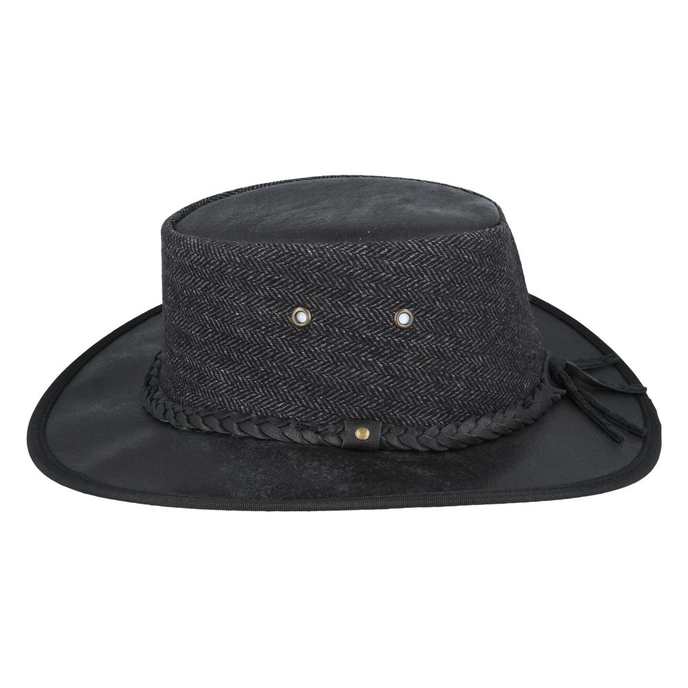 Black leather Western outback hat with herringbone pattern, genuine wool blend, and UPF 40+ protection. Features 10cm crown, 7.5cm shapeable brim, braided leather band, chin strap, and cooling eyelets. Sizes 55-61cm. Authentic Aussie design.