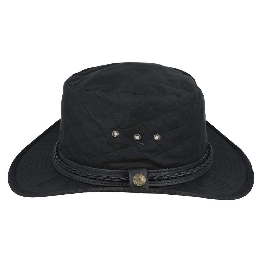 cowboy hat in quilted British waxed cotton with UPF 40+ protection. Features 10cm western crown and shapeable 7.5cm brim. Available in Black, Brown, and Olive, sizes 55-61cm. Complete with chin strap and ventilation. Combines authentic western style with British durability.