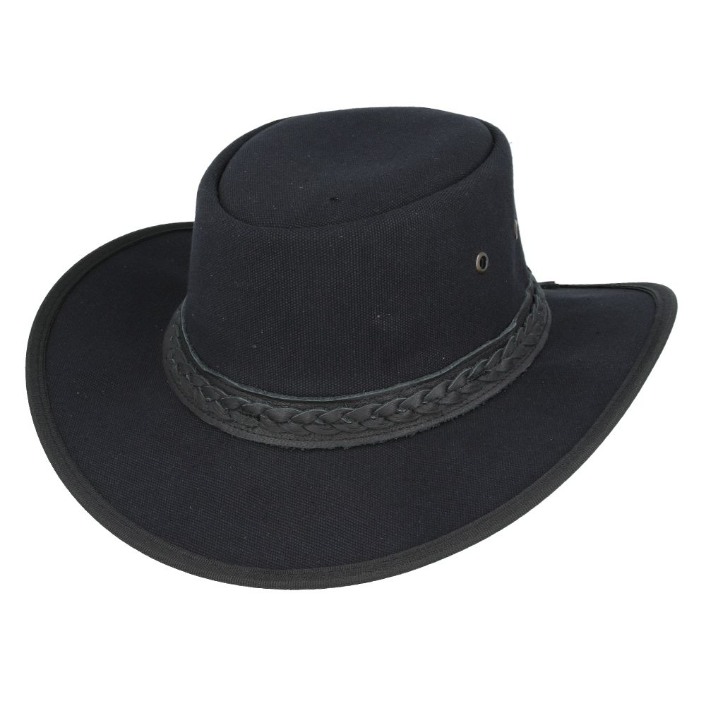 Authentic Australian outback hat in thick waxed canvas with UPF 40+ protection. Features 10cm crown height, chin strap, and braided leather band. Available in Black, Brown, and Olive, sizes 55-61cm. Perfect for outback adventures with maximum ventilation and sun protection.