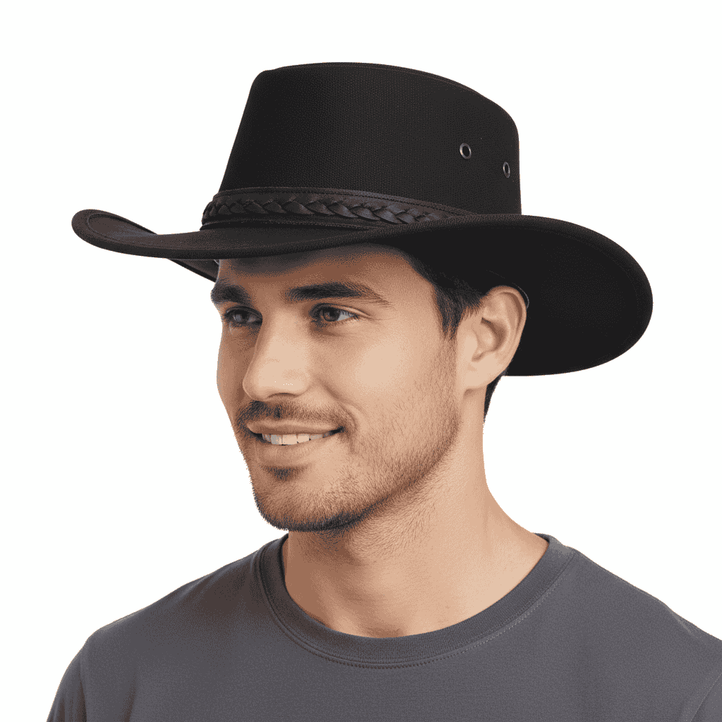 Authentic Australian outback hat in thick waxed canvas with UPF 40+ protection. Features 10cm crown height, chin strap, and braided leather band. Available in Black, Brown, and Olive, sizes 55-61cm. Perfect for outback adventures with maximum ventilation and sun protection.