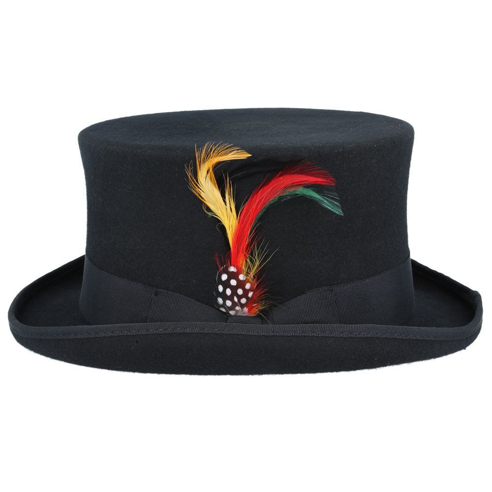 Wool Felt Top Hat - Handcrafted The Wool Felt Top Hat is a handcrafted classic made from 100% wool felt. It features a 5 2/5" high crown, a 2 2/6" wide curved brim, satin lining, and a leather sweatband. The grosgrain hat band and removable feather add a touch of elegance. Hat Details: Hand Made Made of 100% Wool Felt