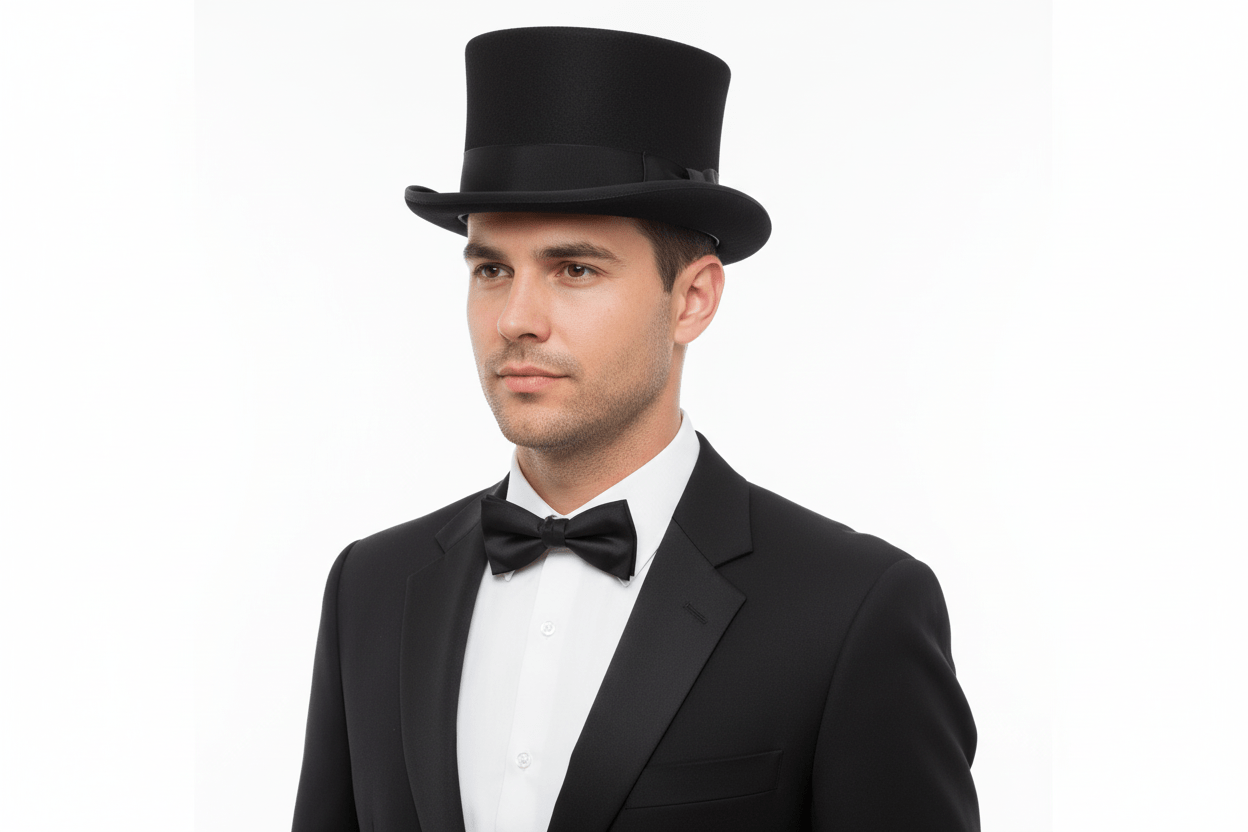 Black handcrafted 10cm junior top hat made from premium wool felt with satin lining. Features a classic ribbon band and side bow.