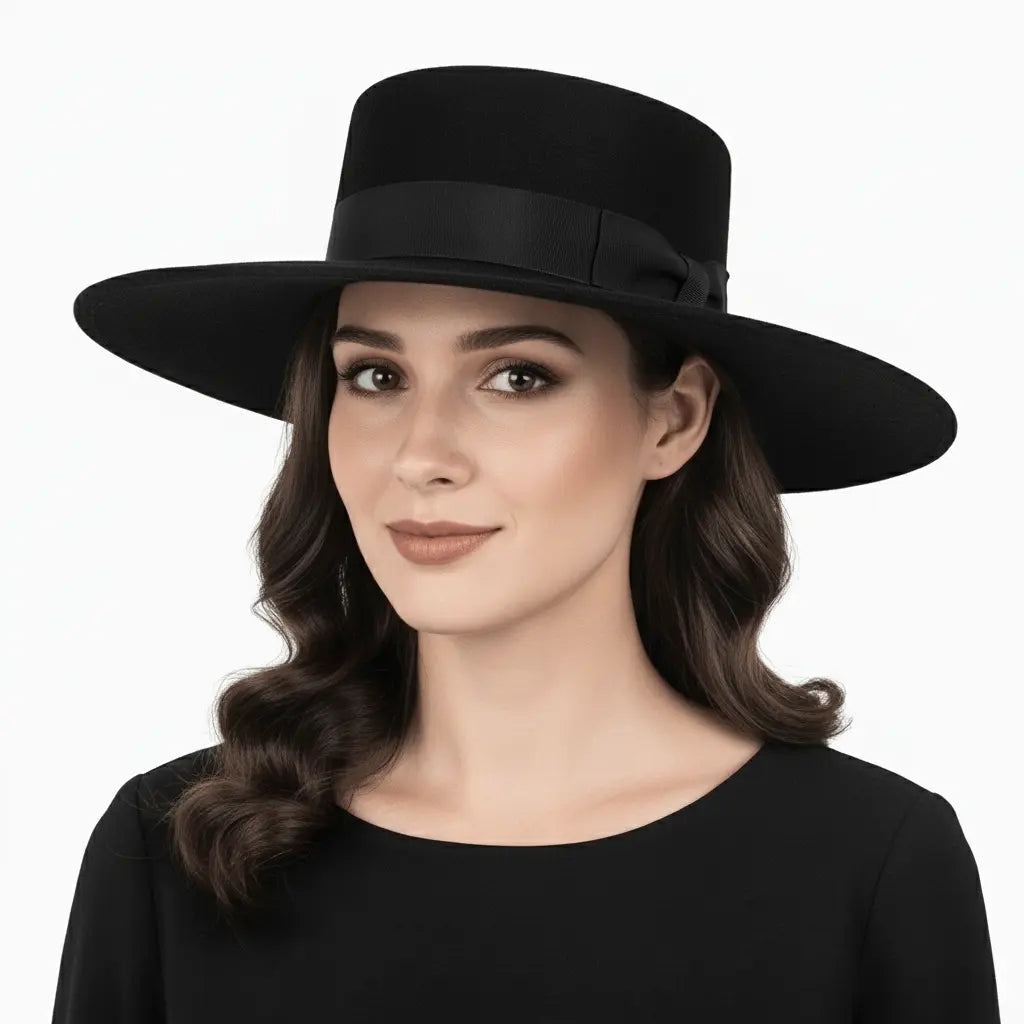  Black Wide Stiff Brim Wool Pork Pie Hat | Handmade | Comfortable Cotton Sweatband