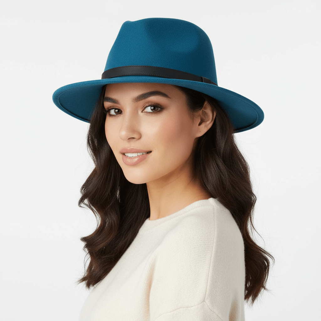 Crushable Wool Fedora Hat with Leather Band. Handmade, unisex, wide-brim (8cm) fedora with a 9cm high teardrop crown, 100% wool, cotton sweatband, and leather strap. Water-resistant and packable. 