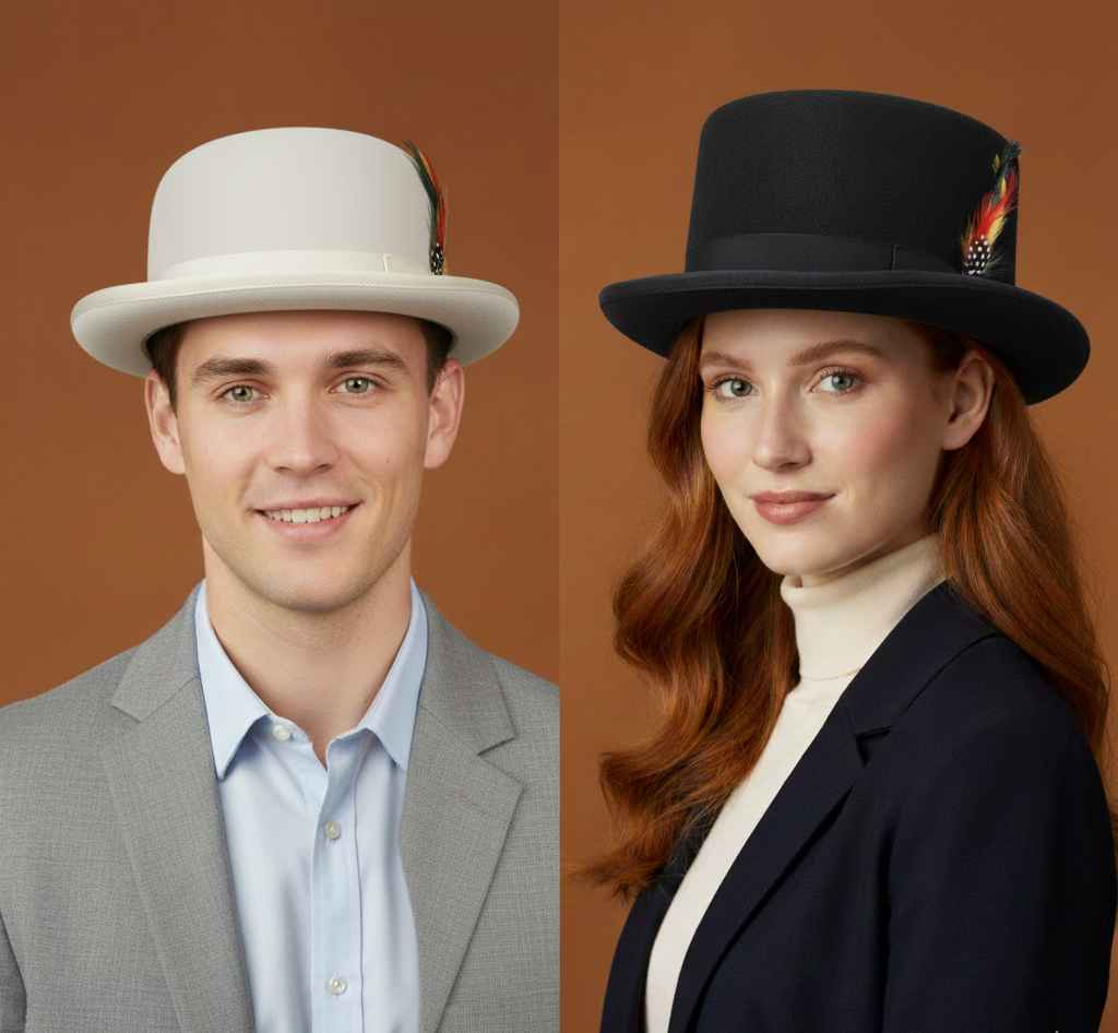 Bowler and top hat bundle front view in wool felt by Novella Hats