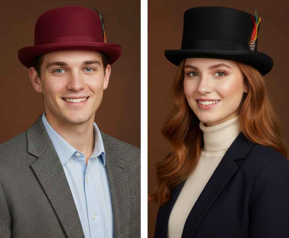 Bowler and top hat bundle front view in wool felt by Novella Hats