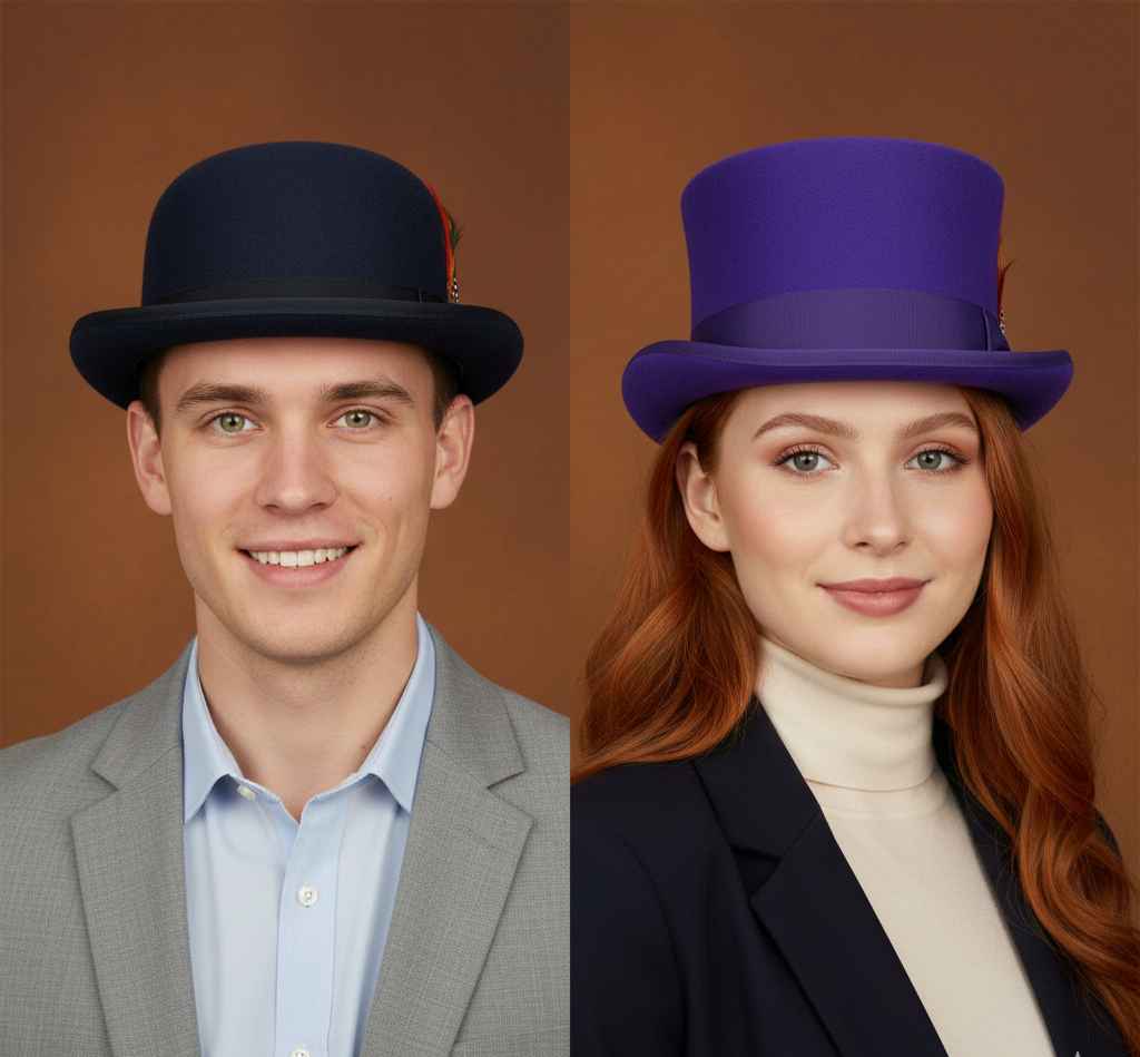 Bowler and top hat bundle front view in wool felt by Novella Hats