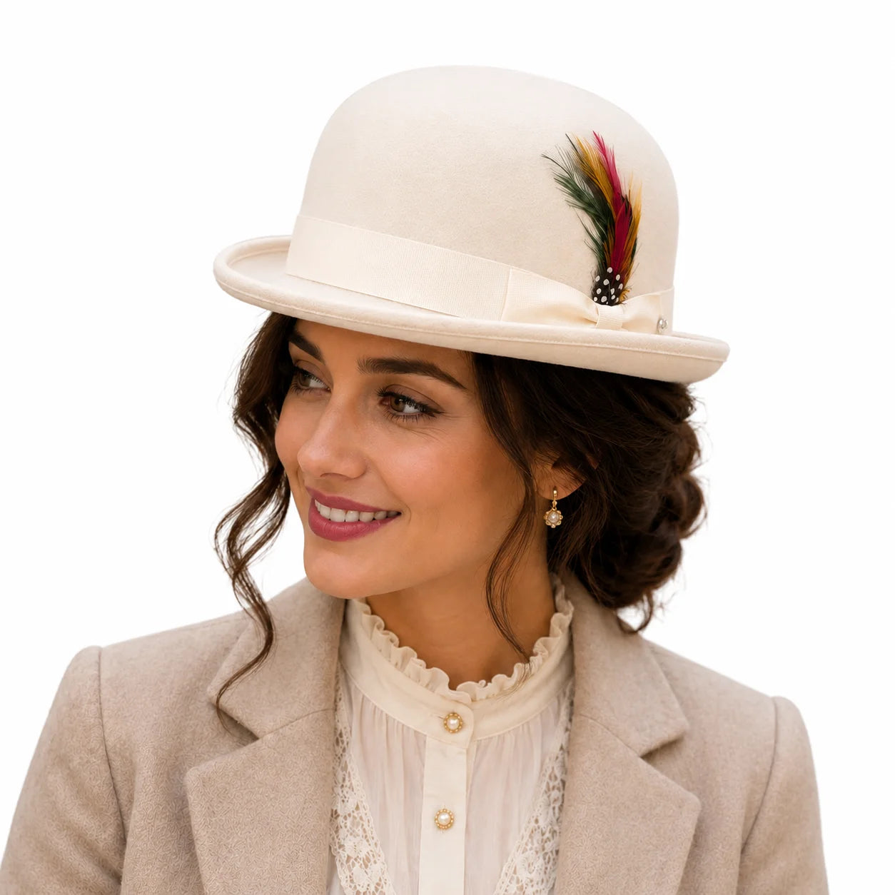 Woman wearing a cream-colored hat with a feather accessory on a white background