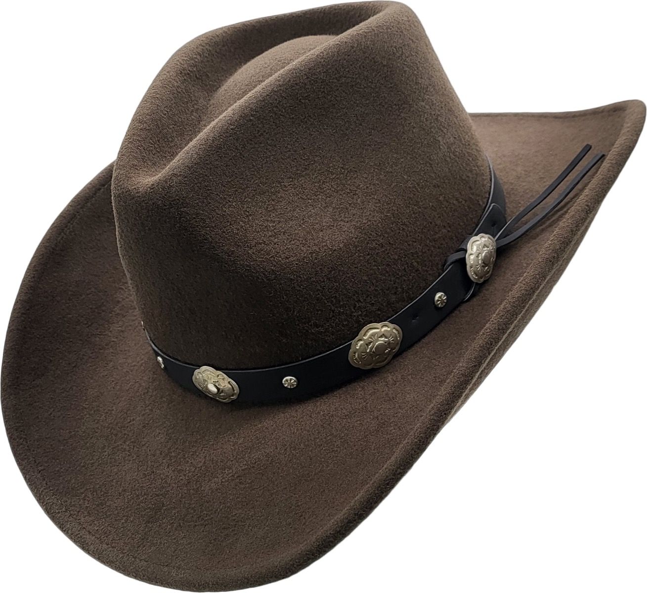 100% wool felt cowboy hat with distinctive leather tombstone band. Handcrafted for superior shape retention and durability. Available in Classic Black or Dark Beige, sizes 55-60cm. Features traditional Western design with unmatched attention to detail. Perfect blend of rugged style and comfort.