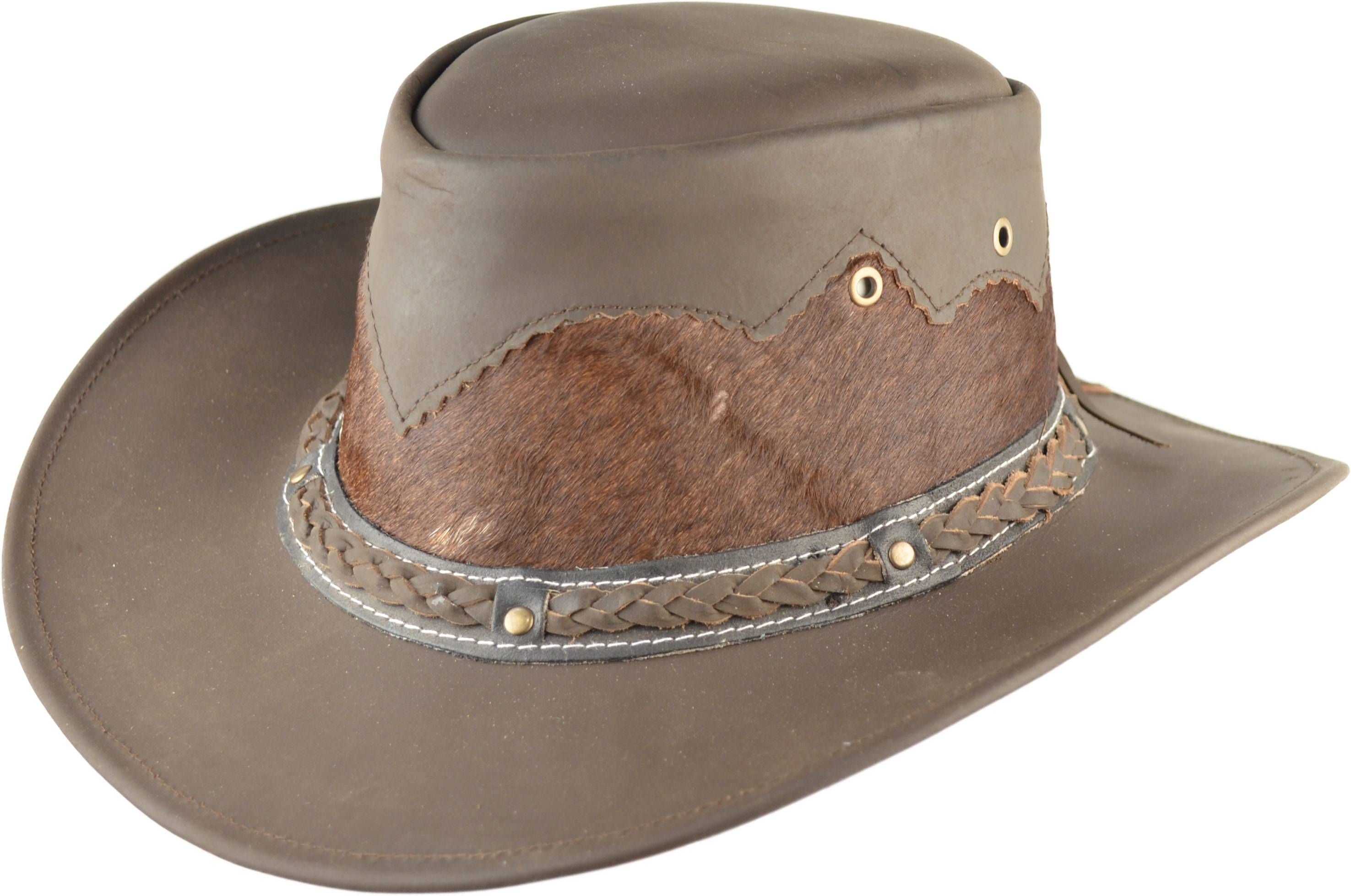 Western style with our handmade 100% genuine leather cowboy hat. Features cow fur crown, studded band, and waterproof design. Includes internal sweatband for comfort. Available in Black, White, and Brown, sizes S/M to XL. 11cm height, 7.5cm brim. Versatile for casual wear and themed events.