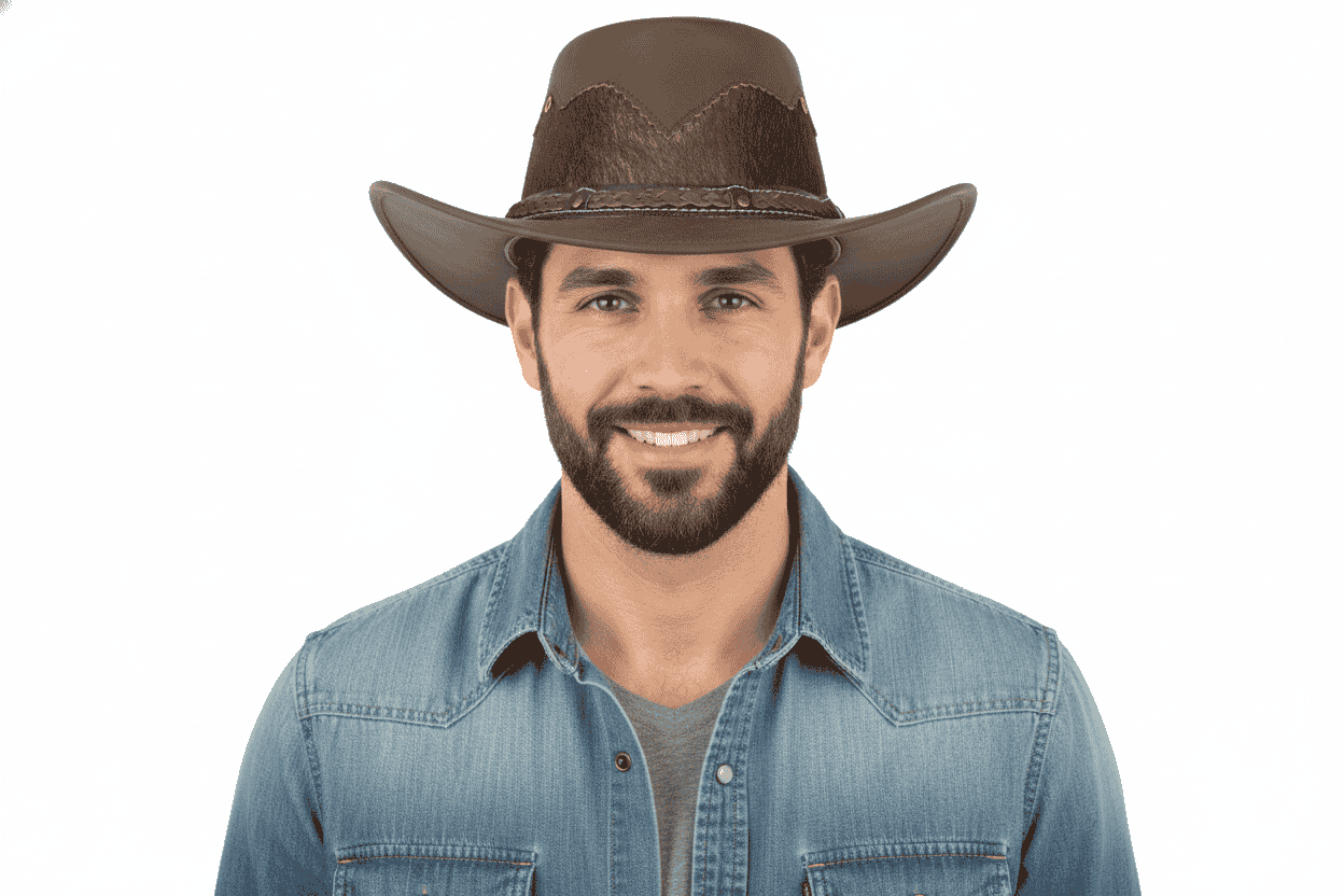 White Handcrafted genuine leather cowboy hat with unique cow fur detail