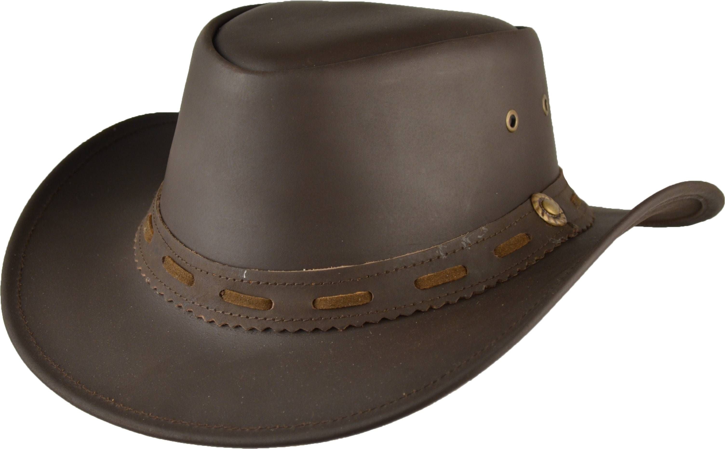 Authentic leather cowboy hat in classic Black or Dark Brown. Features traditional pinched crown, wide protective brim, and premium leather construction that ages beautifully. Available in sizes 55-60cm. Perfect for ranch work, festivals, and outdoor adventures. Genuine leather that gets better with age.