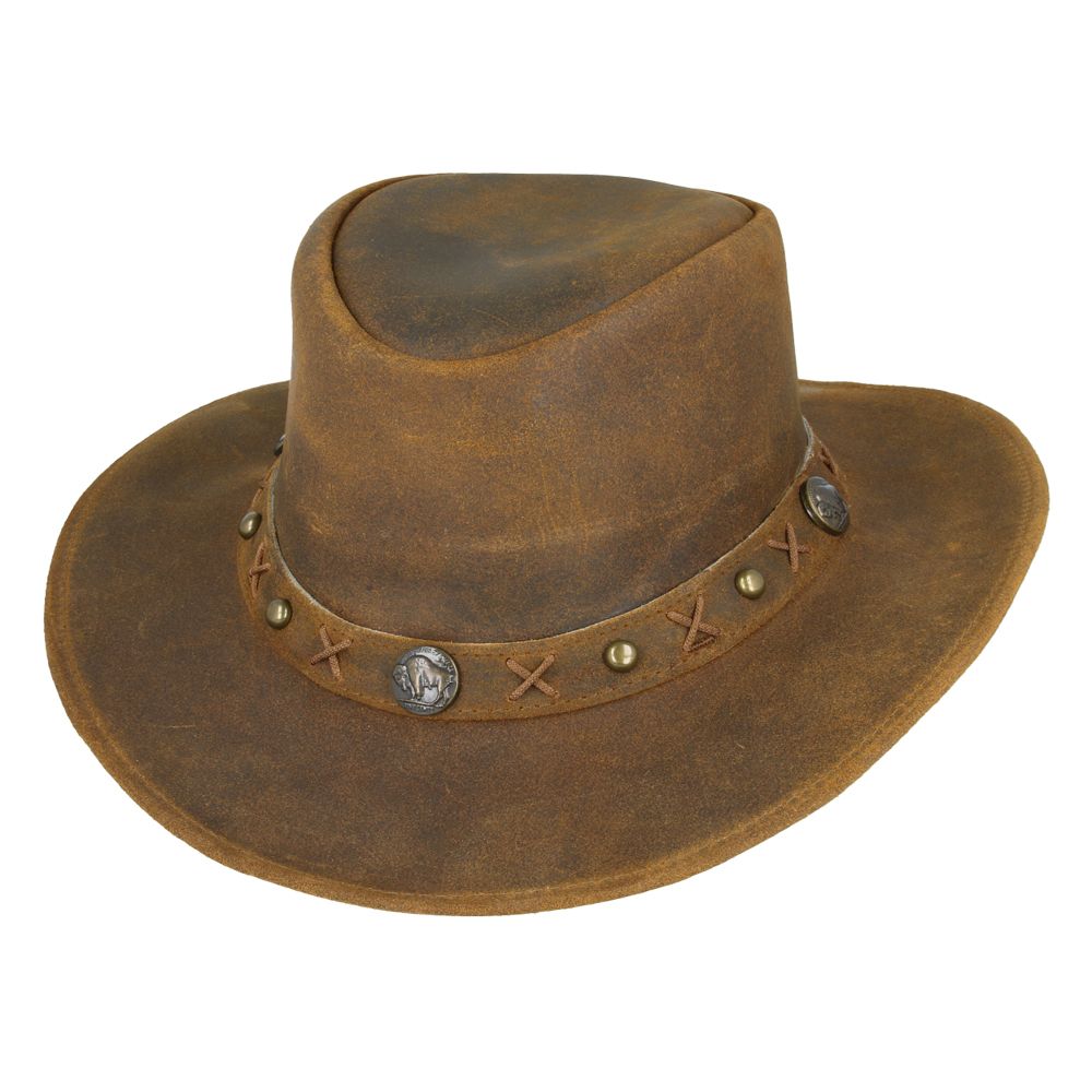 Genuine crazy leather Western Outback hat. UPF 40+ protection. Shapeable brim, chin strap. Brown, Camel, Tan. Sizes S/M/L/XL. Vintage design meets sun safety. Hat Details: Brand: Gladwin Bond Style: Western Outback Aussie Cowboy Hat Material: 100% Genuine Crazy Leather Colors: Brown, Camel, Tan.